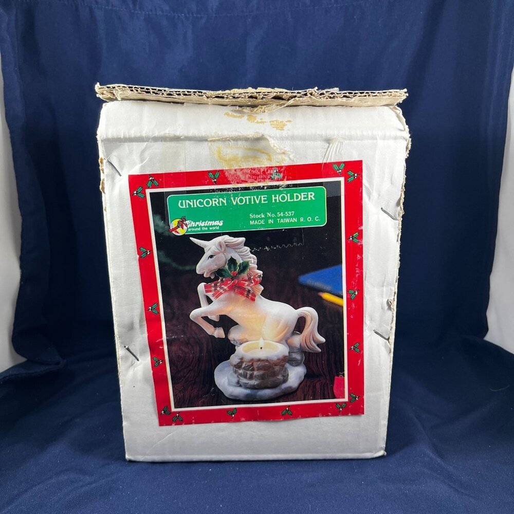 Vintage Unicorn Ceramic Votive Candle Holder With Holiday Bow 1980s Christmas De